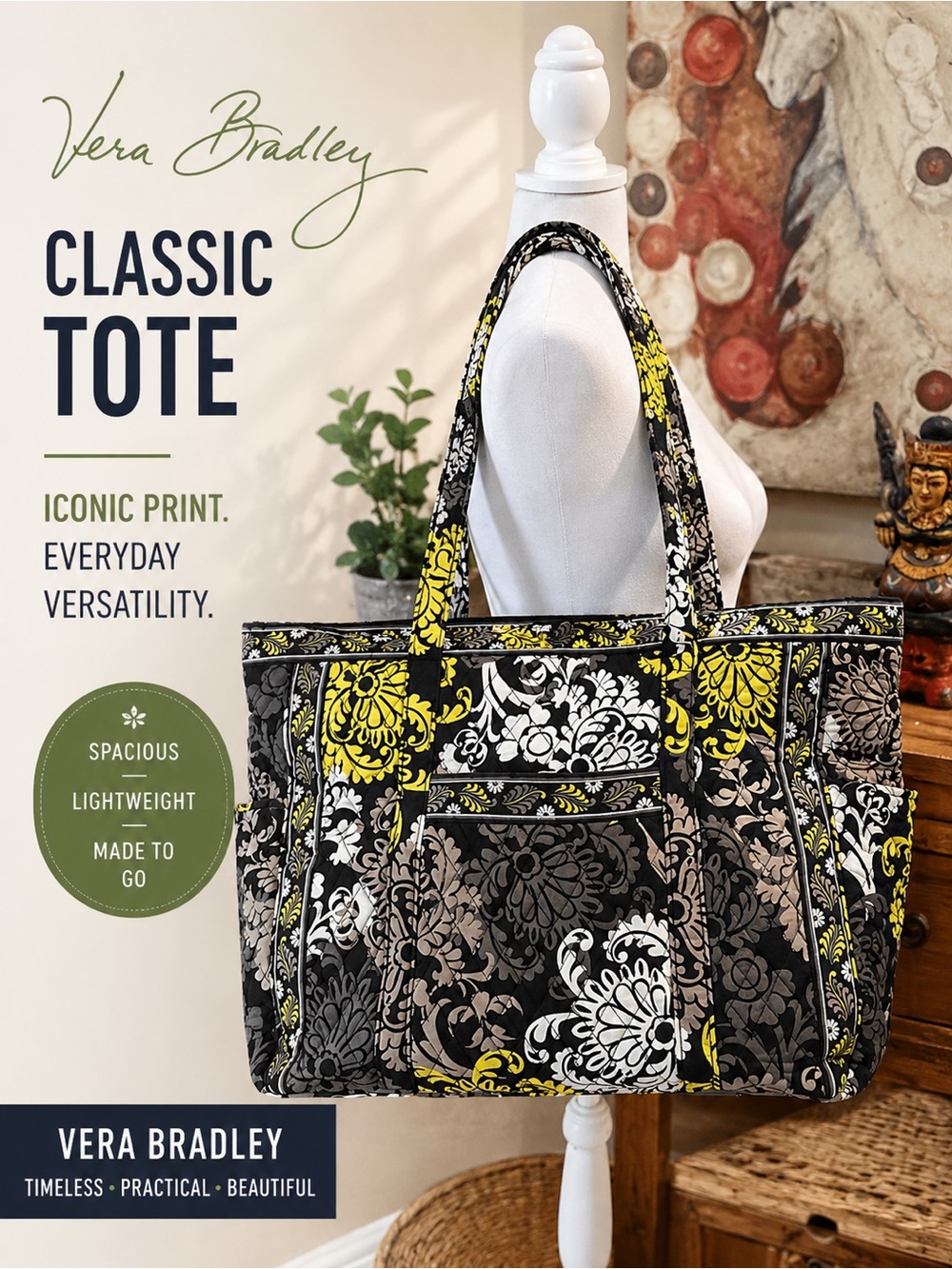 Retired Vera Bradley "Provencal" Black, Yellow & White Floral Classic Tote